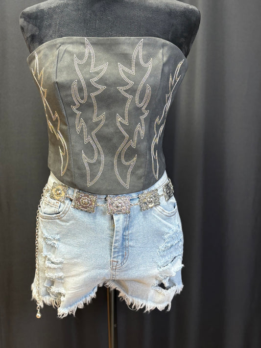 Beckee Vegan Leather Embroidered Western Corsert Top