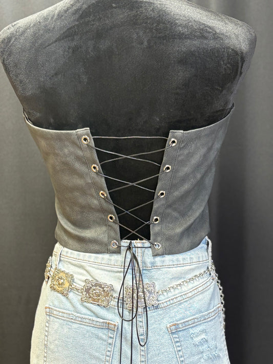 Beckee Vegan Leather Embroidered Western Corsert Top